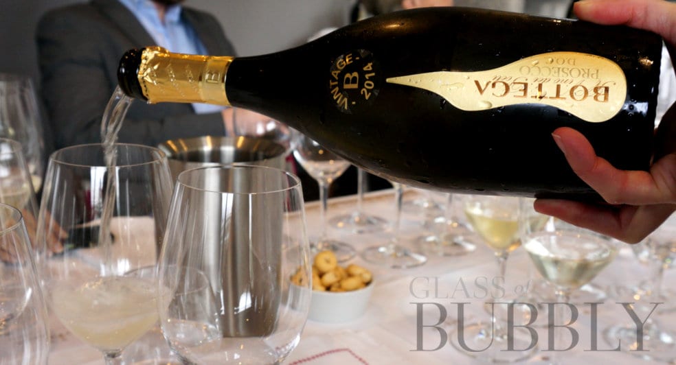 Pouring vintage bottega prosecco doc