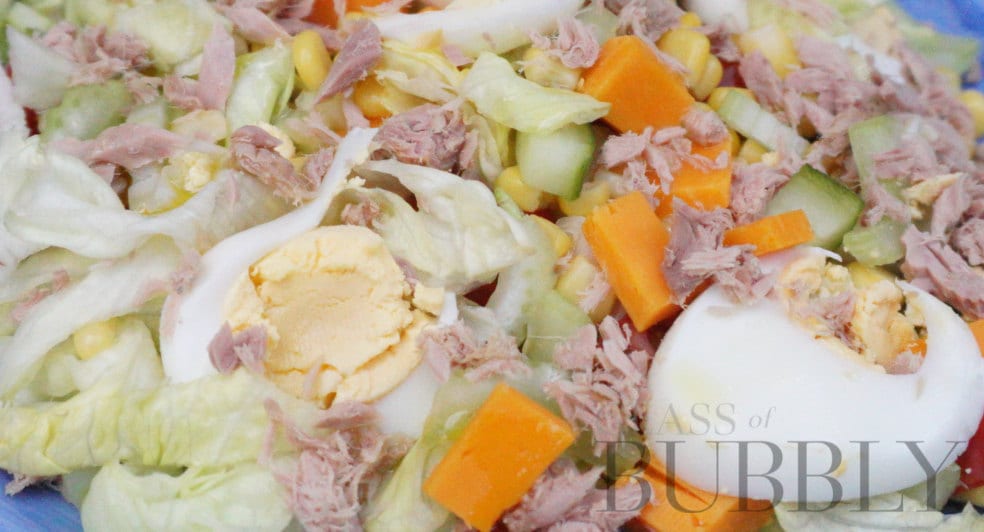 Hard boiled egg salad and sparkling wine