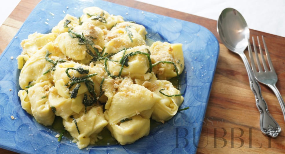 Lobster Crab and Prawn Tortelloni with Grissini Crumb Samphire and Sage Butter