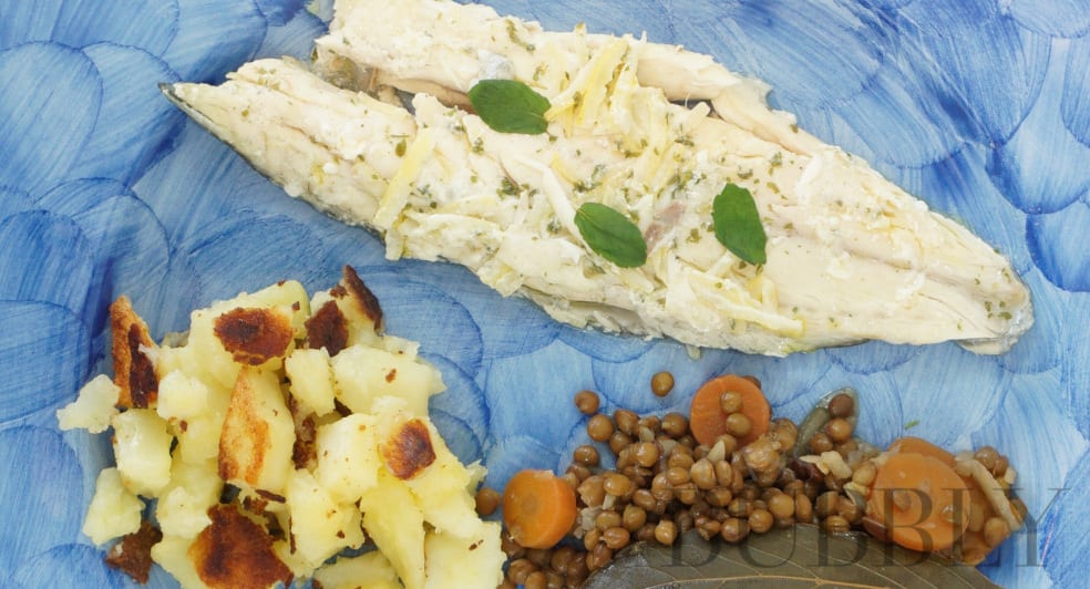 Sea Bass Lemon Herbs Potatoe Lentils Carrots