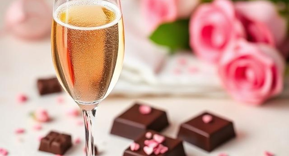 glass of Champagne chocolate and flowers